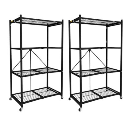 2 Pack 4 Tier Foldable Metal Garage Storage Shelf Rack, Wheels & Powder Coated Steel, Black