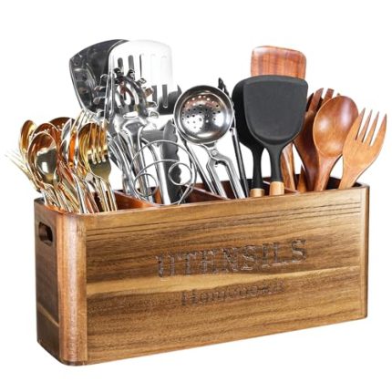 Holder for Kitchen Countertop, Extra Large Acacia Wood Organizer, 4-Compartment Storage for Cooking Tools, Farmhouse-Style Cutlery Holder