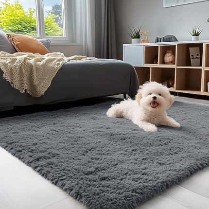 Area Rugs for Living Room Bedroom, Machine Washable 4x5.9 ft Soft Fluffy Shaggy Bedside Rug, Indoor Floor Carpet for Kids Girls and Boys, Dorms, Nursery Rooms, Home Decor Aesthetic, Grey